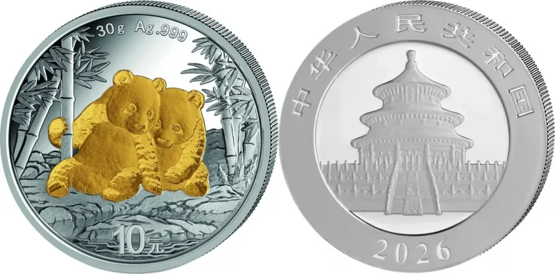 10 Yuan Silber China Panda 2026 mit Goldapplikation