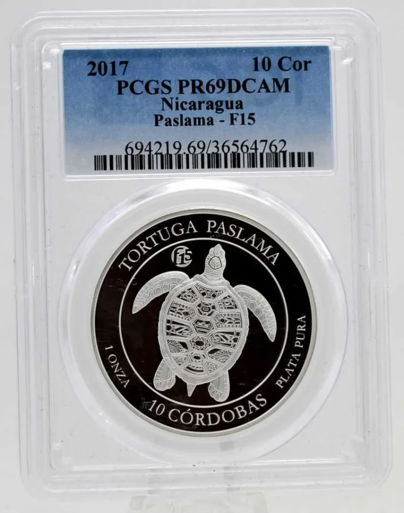 1 Oz Silber Nicaragua 2017 Tortuga Paslama F15 Privy 1 Dollar PCGS MS69DCAM