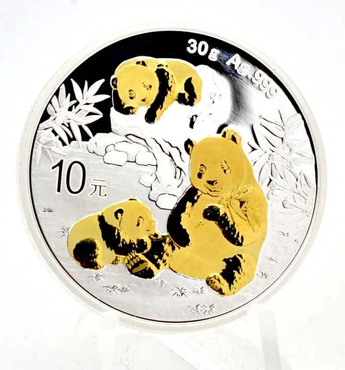 10 Yuan Silber China Panda 2025 mit Goldapplikation